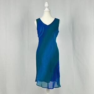 Simply Silk Blue/Green Watercolor Dyed Sheath Dress Midi New W Tags Size Small